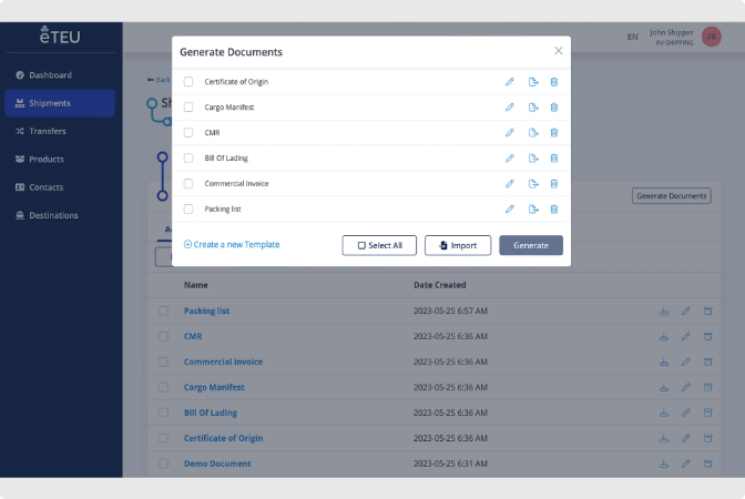 eTEU document generation interface